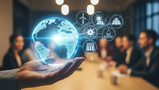 A hand holds a glowing holographic globe with icons of different renewable energy sources, symbolizing a business focus on global sustainability and clean technology.