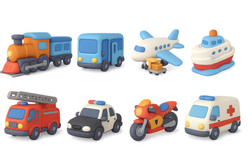 Colorful transportation icons set with trendy clay style for creative projects