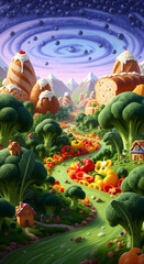 Fototapeta premium Whimsical landscape featuring bread mountains broccoli trees and a pepper river under a blueberry sky