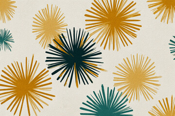 abstract mid century modern starburst pattern with bold ochre and muted teal color accents minimal flat retro design isolated on cream background