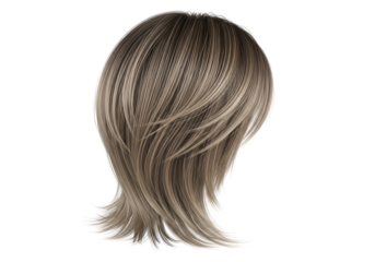 A detailed close-up view of a stylized, short, layered hairstyle with a light blonde and gray color palette.