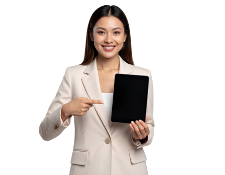 Smiling Businesswoman in Beige Formal Suit Holding Tablet and Pointing at It on Transparent Background.