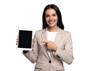 Smiling Businesswoman in Beige Formal Suit Holding Tablet and Pointing at It on Transparent Background.