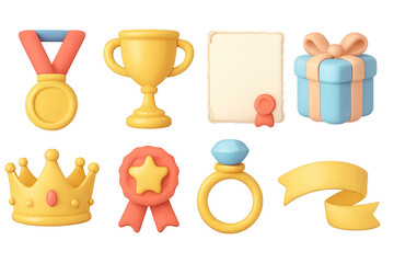 Colorful 3d icons of awards and gifts with gradient background
