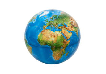 A detailed world globe, showcasing continents and oceans in rich, vibrant colors, set against a stark black background.