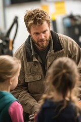 Young automotive expert teaches vehicle maintenance skills to children in workshop setting