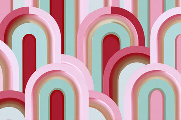 retro mid century modern geometric pattern with curved rectangles and layered arcs in clay red and pastel mint tones flat illustration on soft white background
