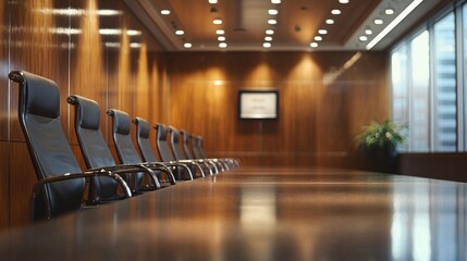 A modern, empty conference room with wooden walls and a large window. The room is equipped with a flat-screen TV and a potted plant.