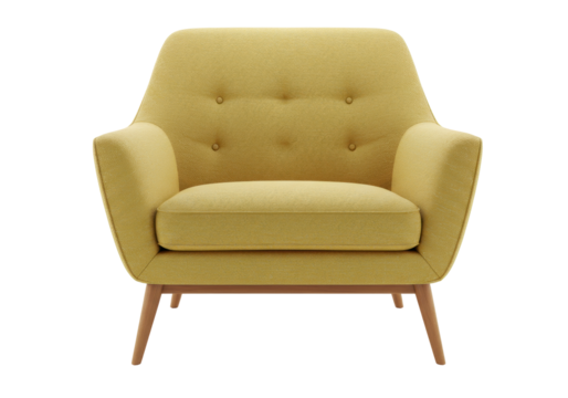 Isolated mid-century modern armchair, yellow fabric upholstery and wood legs, home decor