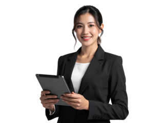 Smiling Businesswoman in Black Formal Suit Holding Tablet on Transparent Background.