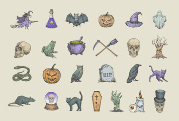 Retro Style Halloween Illustrations Collection. Hand Drawn Witch, Raven, Scull, Cat, Bat, Witch Hat and Tombstone Sketch Symbols or Icons Set. Autumn Season Holiday Emblems Bundle.