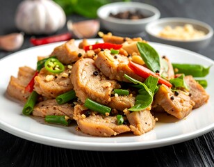 Close-up of a flavorful dish with sliced chicken, herbs, and spices
