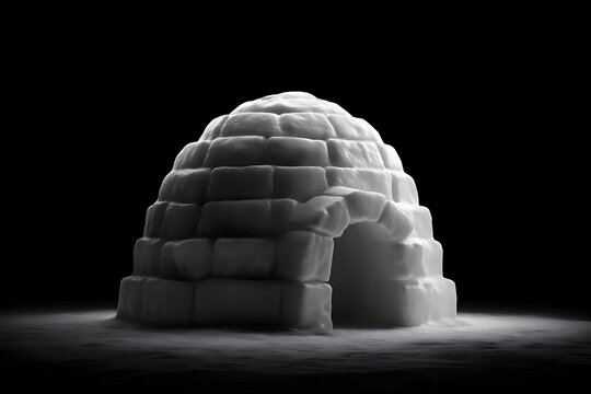 Minimalist igloo shelter made of pristine white ice blocks isolated on black background