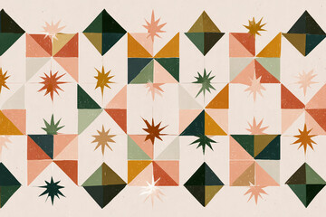 mid century modern geometric pattern with star and triangle motifs arranged in grid in deep forest green terracotta and warm ochre palette retro flat illustration on soft beige backgro