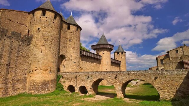 Timelapse du pont int&eacute;rieur du ch&acirc;teau dans la cit&eacute; m&eacute;di&eacute;vale de Carcassonne, avec des passants, ciel bleu et herbe verte en premier plan.
