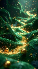 Emerald valley with golden spheres