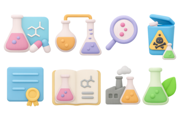 Cute laboratory icons set with 3d style chemistry elements and science tools