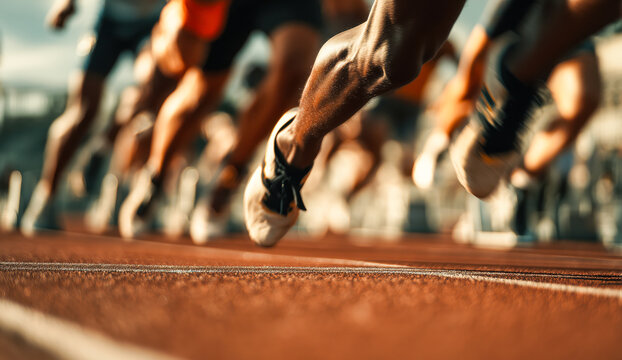 Close up of sprinter athlete feet running on track race