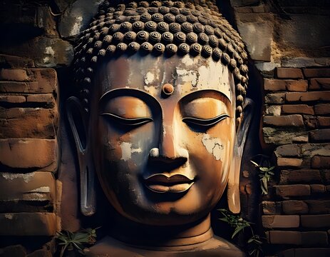 Buddha statue head, serene face, ancient backdrop - Powered by Adobe