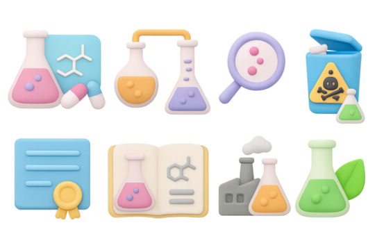 Cute laboratory icons set with 3d style chemistry elements and science tools