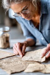 Curious historian exploring ancient manuscripts and artifacts in a serene workspace