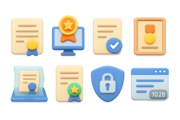 3d icons of certificates and security elements on gradient background