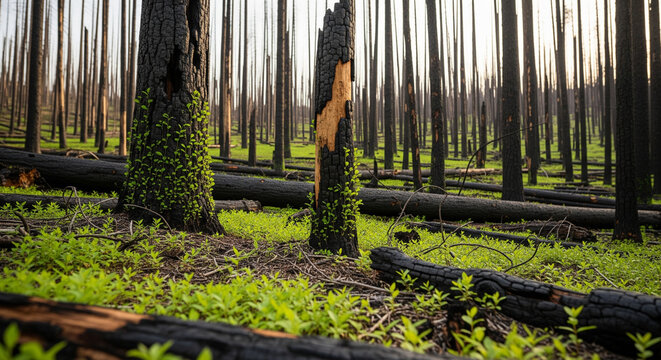 Resilient forest regrows vibrant green shoots amidst stark charred trees and fallen logs, symbolizing renewal and nature's enduring power after devastation