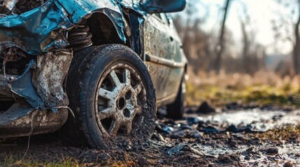 A damaged car with a muddy tire on a muddy road.
