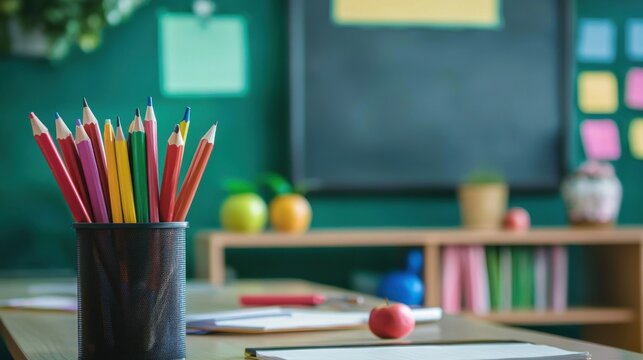 A classroom with a blackboard, chalkboard, and various stationery items on a desk.