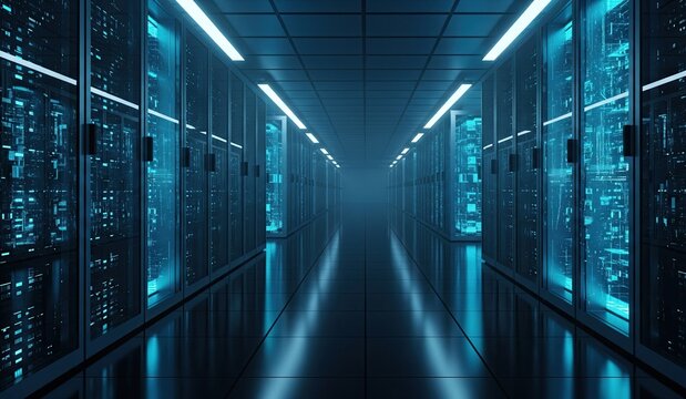 A server room with rows of lit server racks seen in a narrow perspective