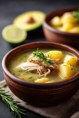 Steaming bowl of rich ajiaco soup with chicken and potatoes served with fresh avocado on the side
