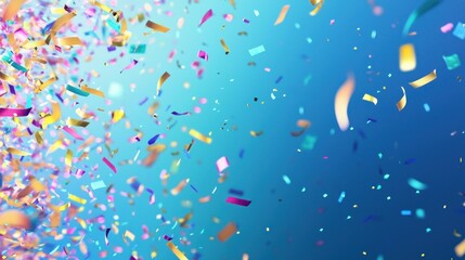 Confetti falling against a blue background. The celebration concept of joy and happiness. The image emphasizes the festive and lively atmosphere.
