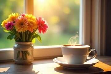 A bright and cheerful start to the week, symbolized by fresh flowers, sunshine streaming through a window, and a steaming cup of coffee on a sunny Monday morning , golden hour, white, start