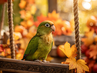 Yellow and green parrot on a swing
