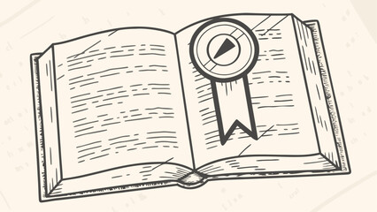 Open book with a ribbon bookmark featuring a circular design in a monochrome illustration style
