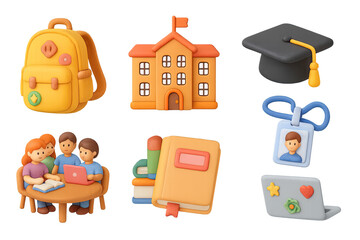 Education essentials in 3d: backpacks, books, and learning tools