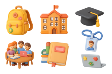 Education essentials in 3d: backpacks, books, and learning tools