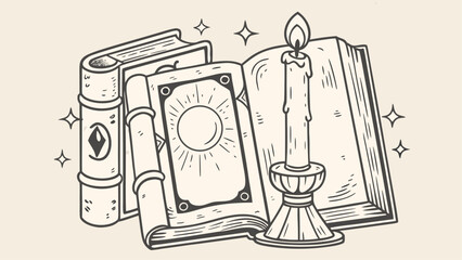 Illustration of stacked books with magical symbols and a lit candle with sparkling stars around them
