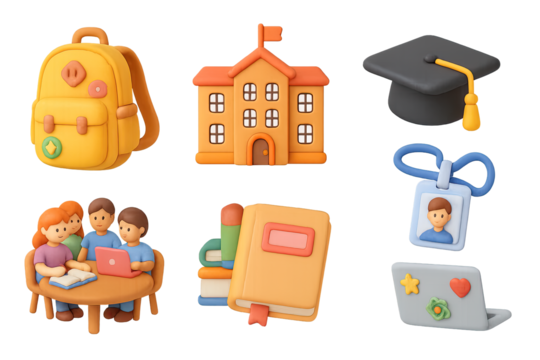 Education essentials in 3d: backpacks, books, and learning tools