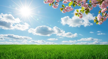 Obraz premium Springtime landscape with cherry blossoms and a bright sunny sky over a grassy field.