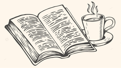 An open book with visible pages accompanied by a steaming cup of coffee on a saucer illustration