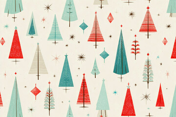 christmas pattern with repeating trees stars and diamonds in festive red muted teal and ivory colors minimal mid century modern retro holiday design on white background