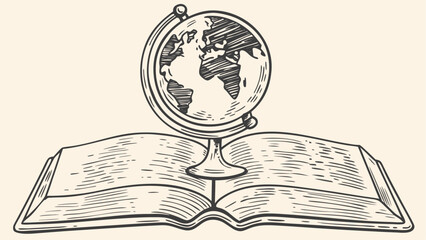 An open book with detailed line work and a globe resting on top, creating a scholarly and educational image