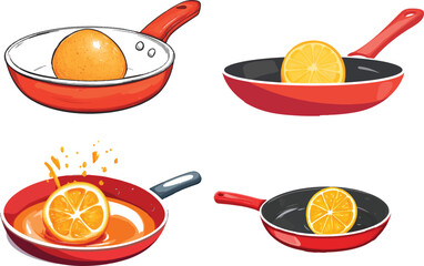 a cartoon vector illustration of an orange being fried in a red pan, on a white background