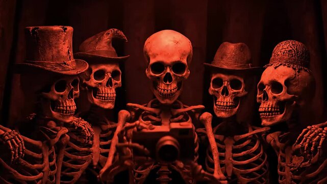 Creepy Group of Skeletons Wearing Vintage Hats Gathered in Dramatic Red Light While One Skeleton Holds a Camera, Dark Theatrical Atmosphere for Spooky Cinematic Video