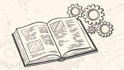 Open book with diagrams and gears on a background with technical drawings in a sketch style design