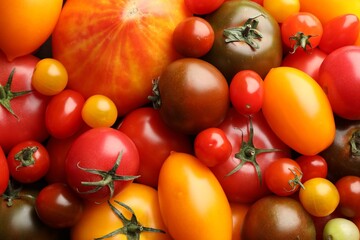 Different ripe juicy tomatoes as background, closeup