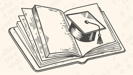 Illustration of an open book with several pages and a graduation cap placed on top of the book pages