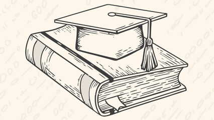 A book with a graduation cap on top of it in a black and white drawing style with tassel detail shown