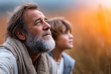 Father and son share a moment of profound emotion in a vibrant landscape